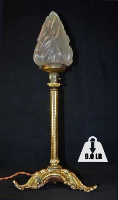 RARE French 1840s 2nd empire tall heavy bronze three-footed lamp flame shade