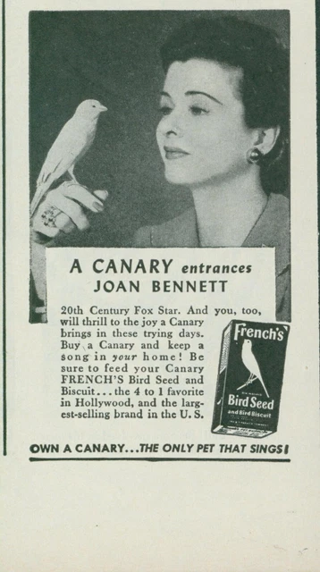 1944 Frenchs Bird Seed Joan Bennett Movie Star Canary Pet Sings Vtg Print Ad L20