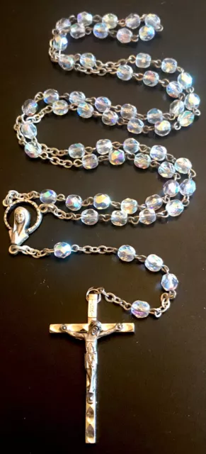 Vintage Catholic 5 Decade Iridescent Crystal Rosary, Silver Tone Center Crucifix