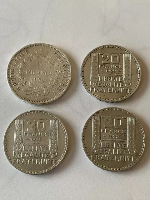 lot de 4 pièces en argent: 5 F Hercule 1875 A et 3 Turin 20 F 1929