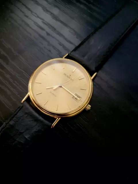 Movado 87-A4-0885K Goldtone Wristwatch Swiss Sapphire Leather Band Watch
