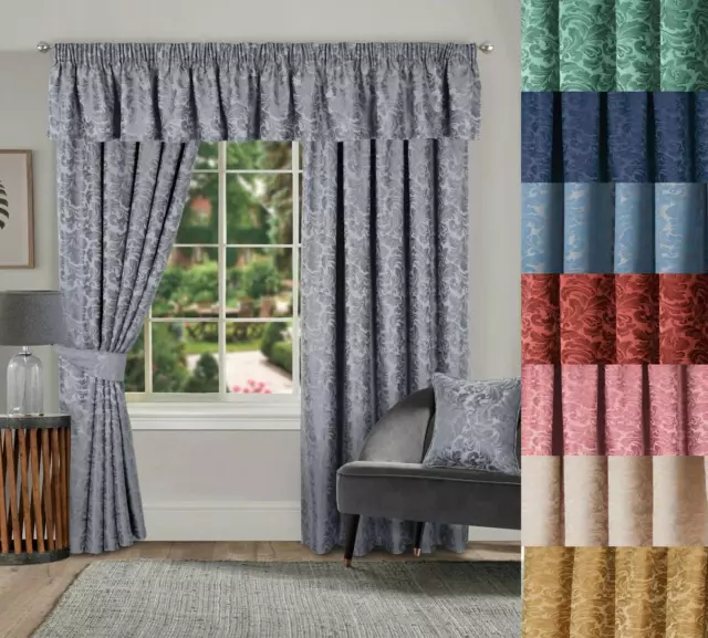 1 Pair Of Buckley Jacquard Damask Lined Pencil Pleat Taped Top Header Curtains