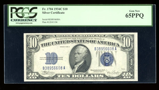 DBR 1934-C $10 Silver Gem Fr. 1704 PCGS 65 PPQ Serial B38956608A
