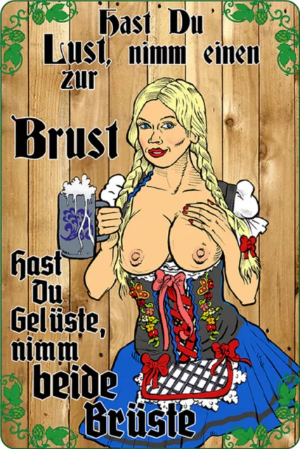 mrdeco Metall Schild 12x18cm gewölbt Pinup Nimm einen zur Brust Bier Schild