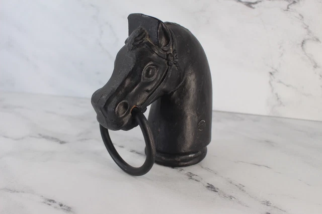 Vintage Cast Iron Horse Head Bust Hitching Post Pricked Ear Top Ring Equestiran