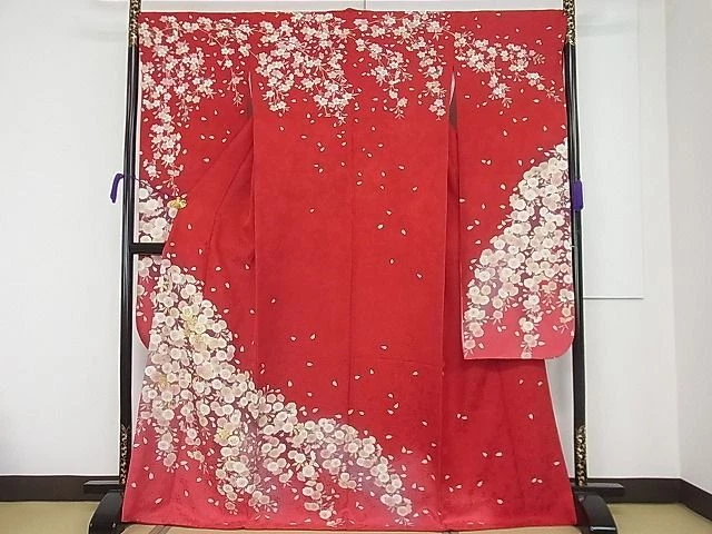 Japanese Kimono Silk Furisode Long Sleeves Gold Leaf Cherry Embroidery Red 67"