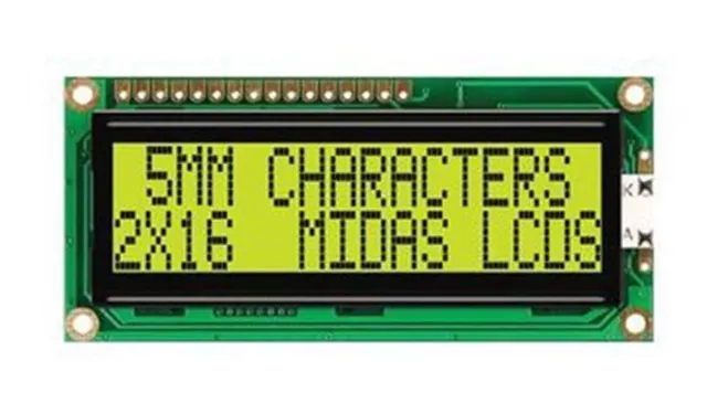 Midas MC21605G6WD-SPTLY-V2 G Alphanumeric LCD Display Yellow-Green, 2 Rows by 16