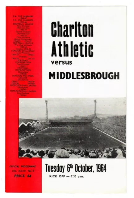 Charlton Athletic v Middlesbrough - 1964-65 Division Two (Oct.) - Programme