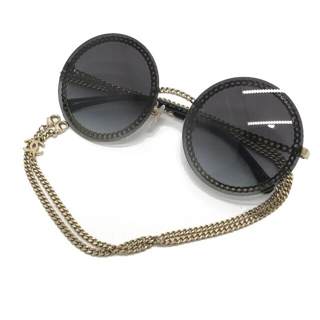 Chanel Round Shape 4245 Cc Coco Mark Chain Sunglasses Metal Frame Black 09L07