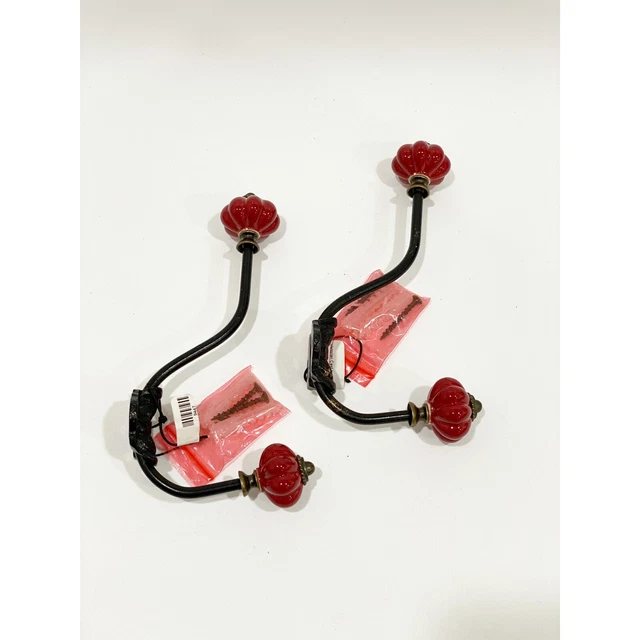 Anthropologie Victorian Coat Hook Ceramic Knobs Cast Iron Double Hooks Set 2 Red