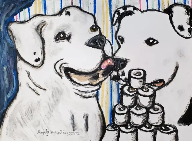 AMERICAN BULLDOG Hoarding Toilet Paper Dog Art 5 x 7 Print Signed Artist KSams