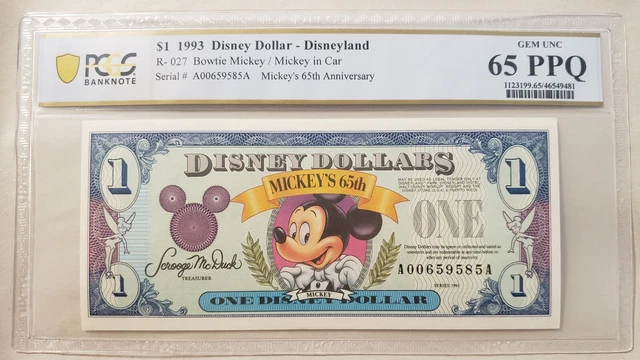 1993 $1 Disney Dollar featuring Mickey in a Bowtie, A, PCGS 65 PPQ
