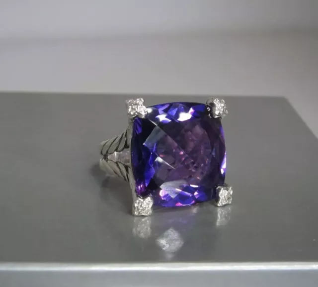 David Yurman 20Mm Sterling Silver Amethyst Cushion On Point Diamond Ring 5.5 3