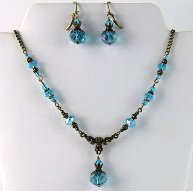Aqua-Topaz March Births. AB Blue Crystal Vintage Victorian Necklace Earring Set