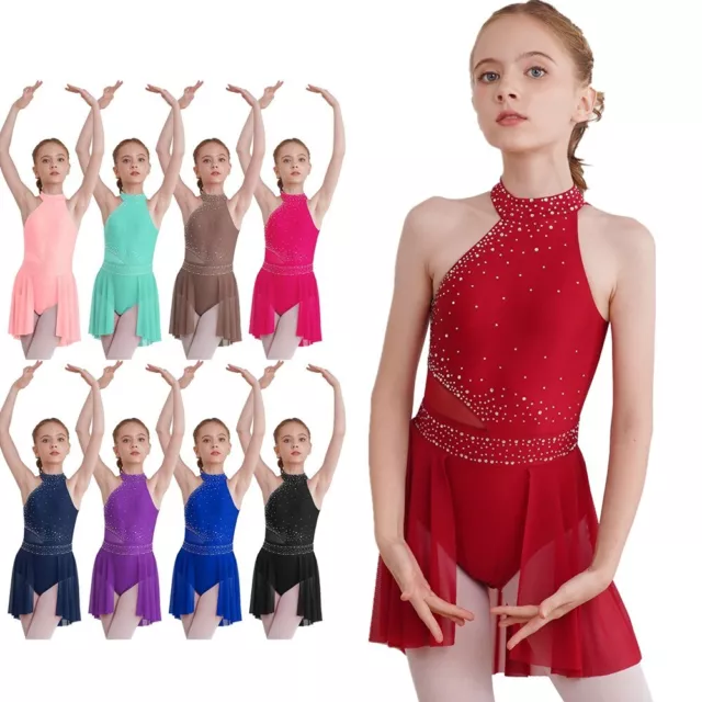 Kids Girls Lyrical Dance Dresses Rhinestones Leotard Dress Solid Color Sparkly 3