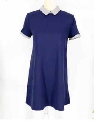 Zara Navy Collared Short Sleeve Mini Shift Dress Blue Striped Women's Size Small
