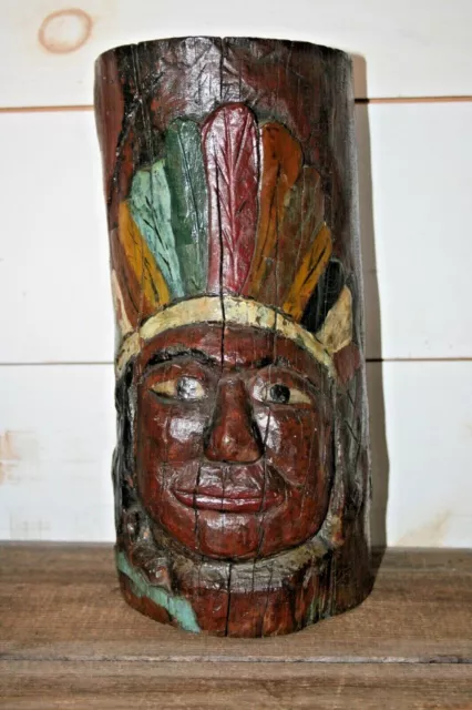 Antique Cigar Store Native American Indian Totem Hand Carved Wood Sculpture RARE