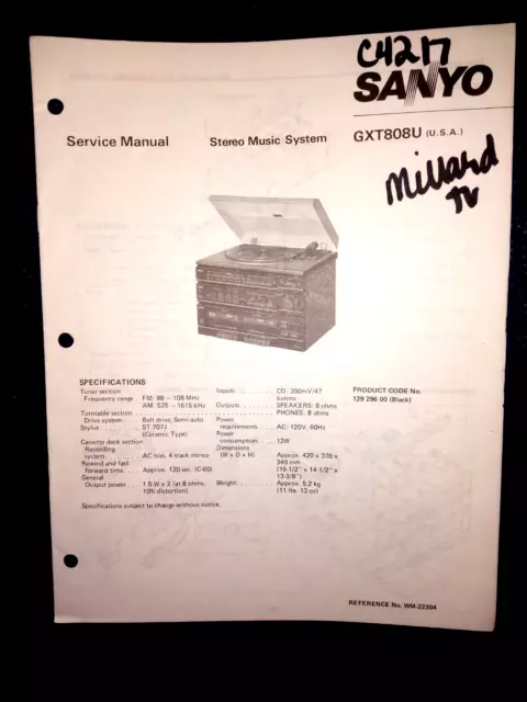 Sanyo Gxt808U Stereo Music System Original Service Manual Sanyo Gxt808U Stereo Music System Original Service Manual