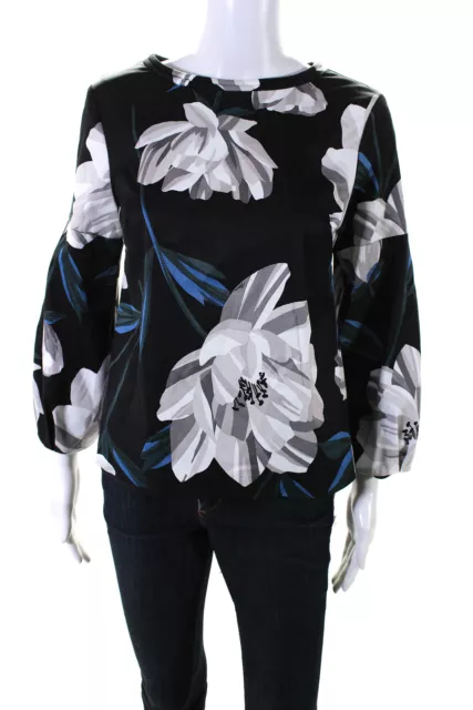Trina Turk Womens Woven Floral Crew Neck Long Sleeve Blouse Top Black Size M