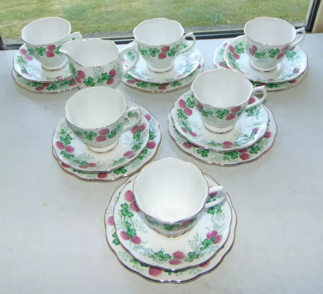 Royal Albert Bone China Lucky Clover Pattern 19pc Cups Saucers Plates Jug c1950s