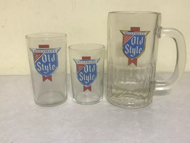 3 Vintage Heileman's Old Style Beer Mini Glasses  3-1/2", 4-1/4", and 5.5" MUG