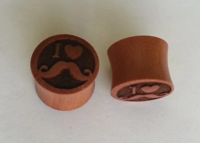 Pair ORGANIC Hand Carved Heart I Love Mustache Saba Wood Saddle Ear Plugs Gauges