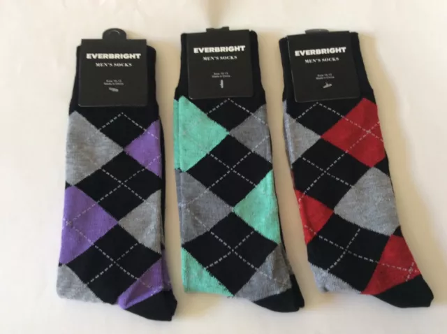 3 Pairs Mens Argyle Crew Socks * Lilac/Aqua/Red * Nwt * Sz 10-13