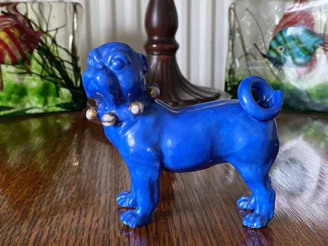 Antique Blue Ceramic Pug Dog Figure With Gilt Collar