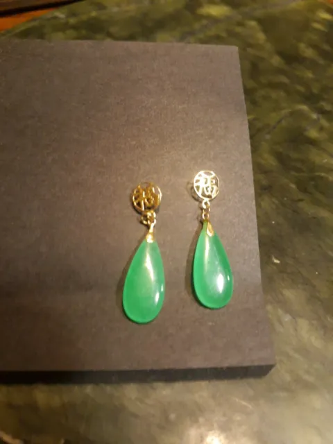 14k Yellow Gold Earrings With Jade? Green Stone Asian Character NR