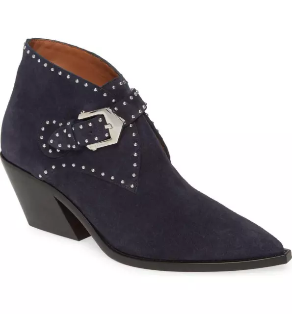 Sz 41 Givenchy Elegant Boots Studded Navy Suede Western Ankle Booties Shoes