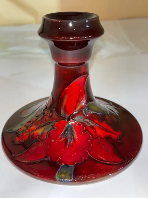 Moorcroft Red Flambe Orchid Candlestick-England-1930’s-Art Deco-Victorian-Scarce