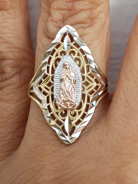 Long solid 14k gold virgin Mary guadalupe Ring Size 5 6 8 9 10 diamond cut