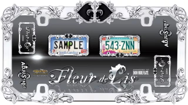 Chrome/ Black Metal Fleur-de-Lis License Plate Frame Car auto Truck Tag Holder 1