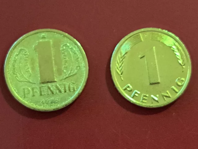 Fundgrube 2 x 1 Pfennig DDR + BRD jeweils vergoldet Schnäppchen!!