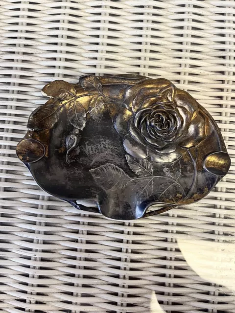 Antique French Art Deco Cast Metal Stunning Rose Design Ashtray