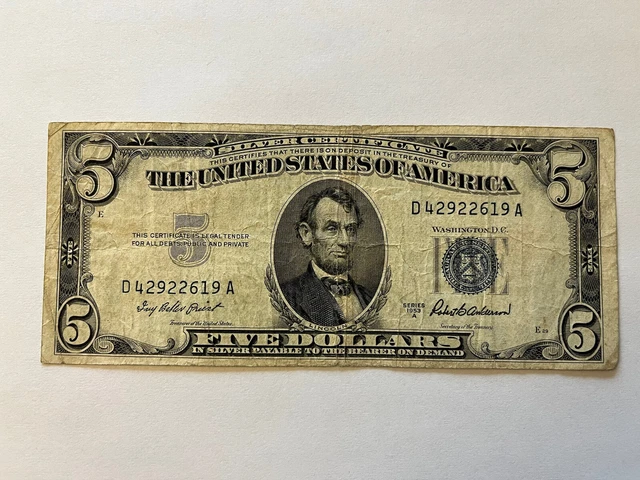 1953-A $5 Five Dollar Bill, Blue Seal, Silver Certificate #D42922619A