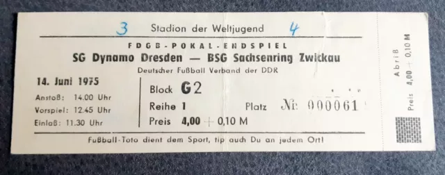 Orig. Ticket Finale FDGB Pokal 1975 Dynamo Dresden Sachsenring Zwickau Fußball