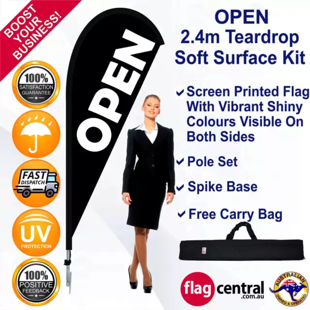 OPEN Black 2.4m Teardrop Flag/Banner Kit with Spike *UV Protected *Eye Catching