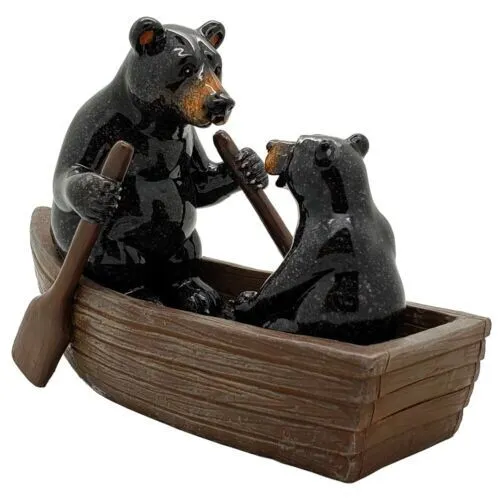 PT Black Bears in a Canoe Hand Painted Resin Statue Figurine