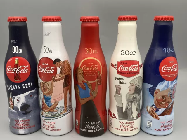 5 Coca-Cola,Flaschen,"100 Jahre Coca-Cola"Konturflaschen,Alu,0,25 Liter Voll