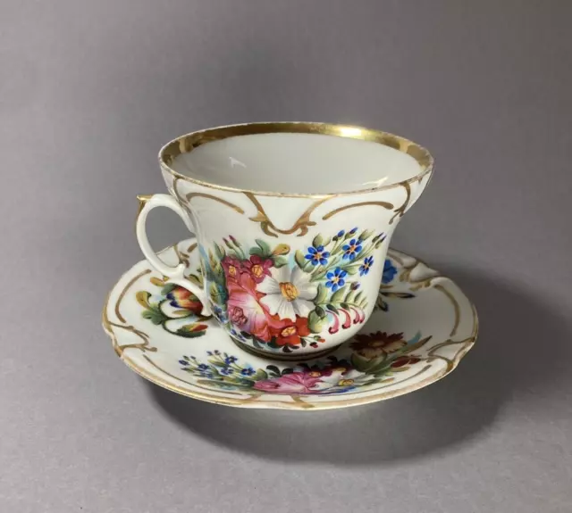 Große übergroße antike Tasse mit Untertasse handbemalt Biedermeier 3