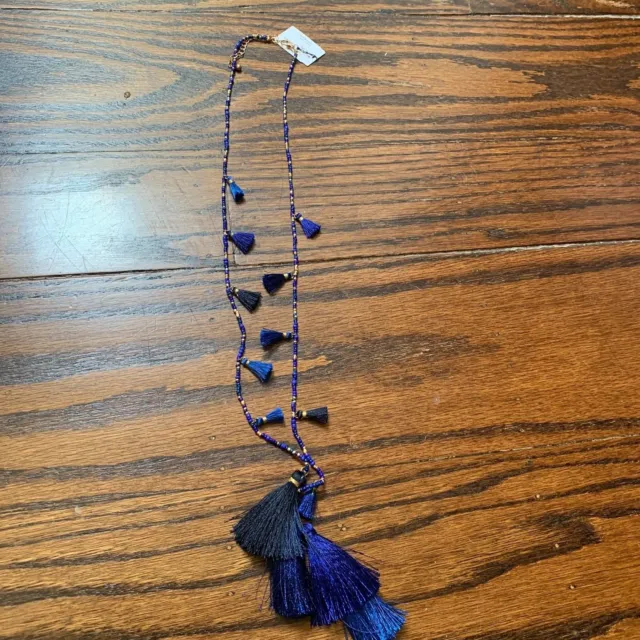 New NWT Cara Royal Blue Glass Beads  Long Necklace with Tassels