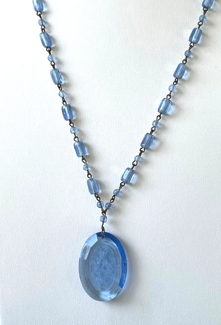 Vintage Signed Czech Art Deco BLUE Glass etched Intaglio NECKLACE