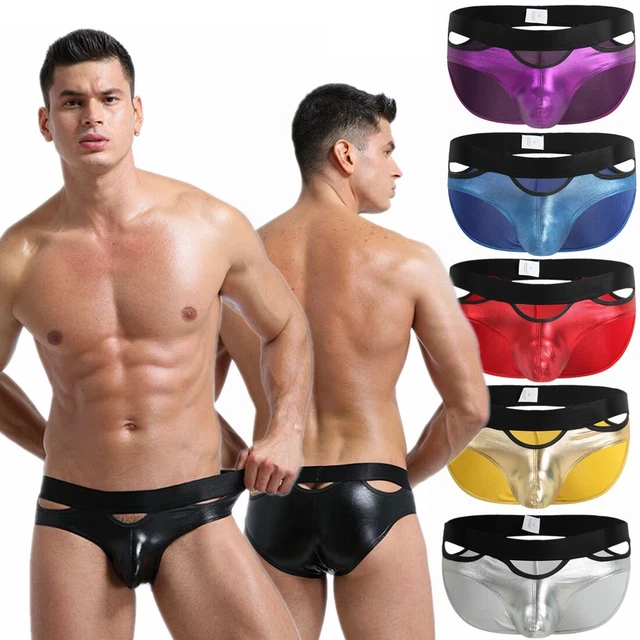 Men Briefs Faux Leather Pouch Stretchy Shorts Sexy Underwear Panties