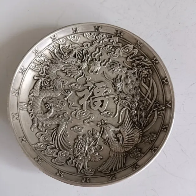 Chinese Exquisite Old tibet silver handcarved Dragon Phoenix small plate