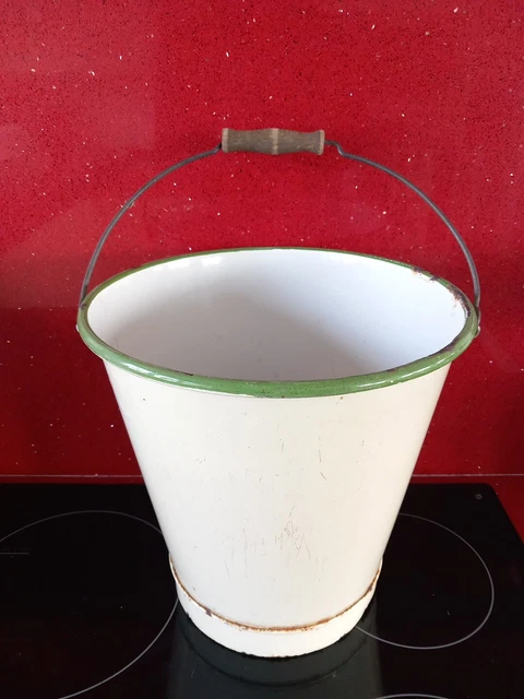 Vintage 11" Green & White Enamel Bucket Wooden Handle 1930s.Kitchenalia.Garden