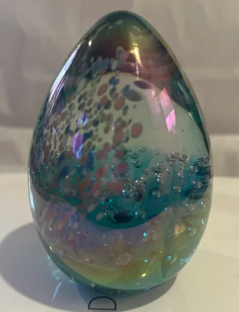 Handblown Art Glass Egg Shape Iridescent Paperweight Rainbow, Controlled Bubbles