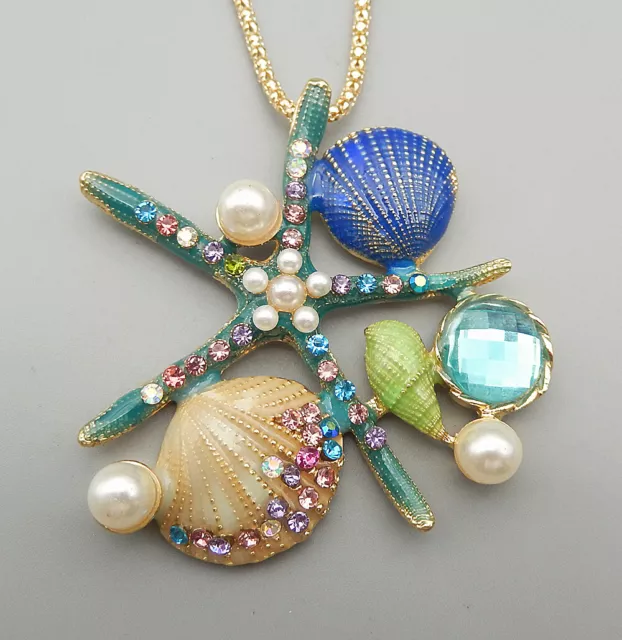 Blue Enamel Crystal Starfish Shell Conch Pendant Fashion Long Necklace