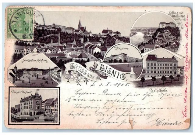 1905 Gruss Aus (Greetings from) Leisnig Germany Multiview Antique Postcard