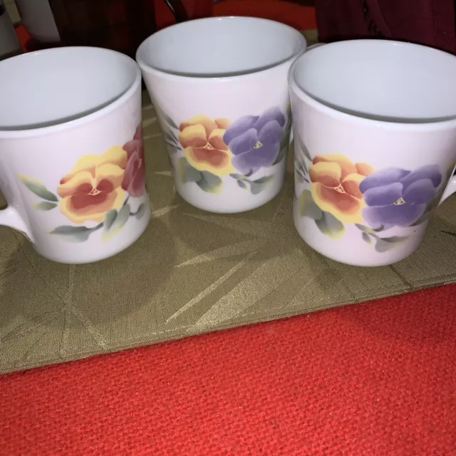 Corelle Corning Summer Blush Coffee Tea Cups Mugs Pansies ~ Set of 3 No Chips/